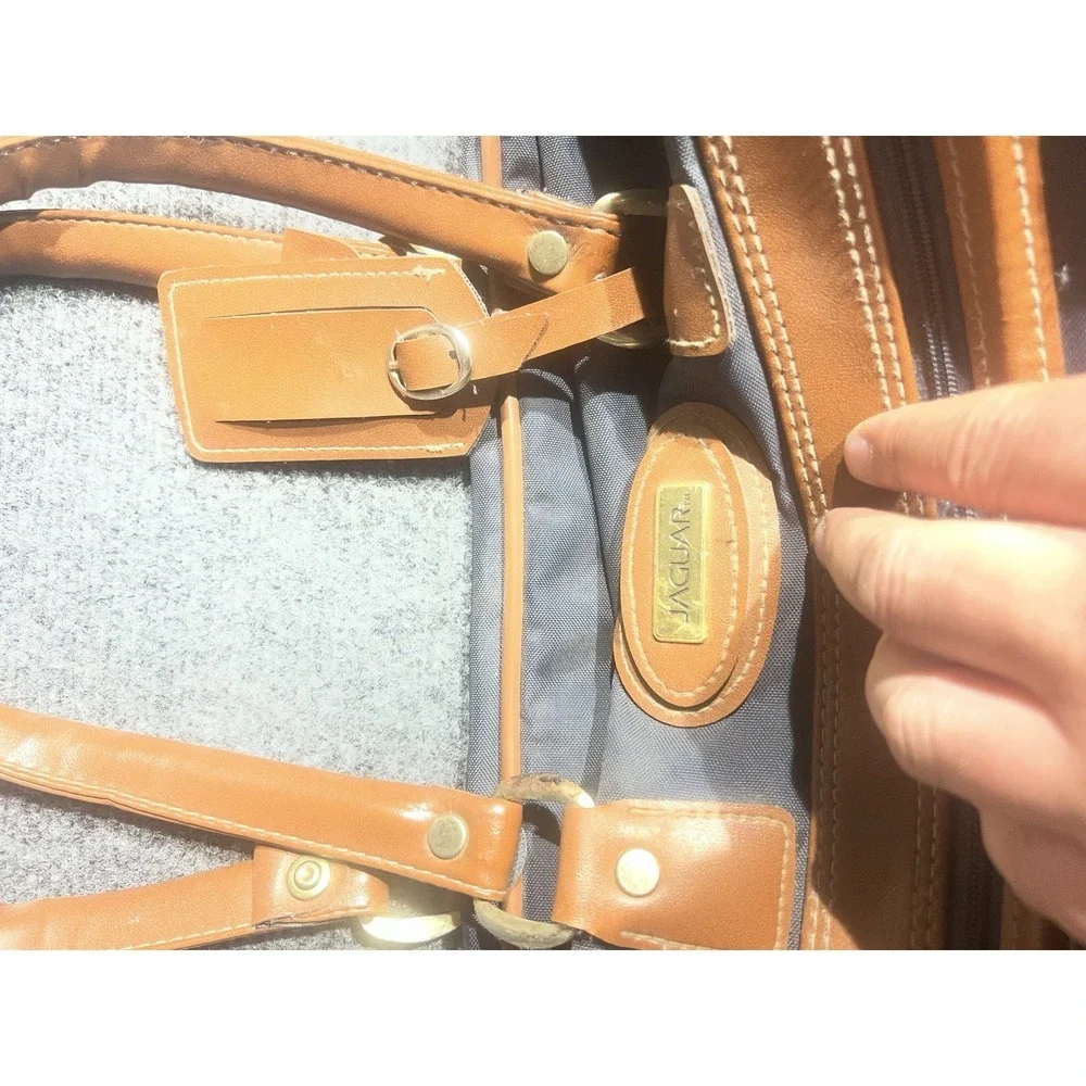 Jaguar Navy Blue Nylon Duffel Bag Tan Trim Travel Luggage Weekend‎ Bag